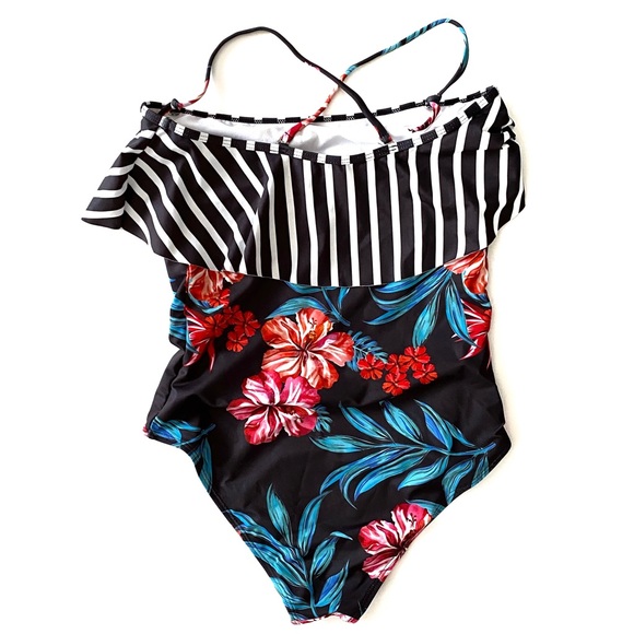 Tropical Swimwear One-Piece Swimsuit Floral Print Stripe Ruffle Top Bathing Suit - Picture 6 of 16